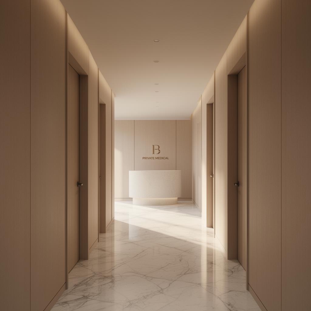Couloir minimal d'une clinique privée éclairée par la lumière du matin
