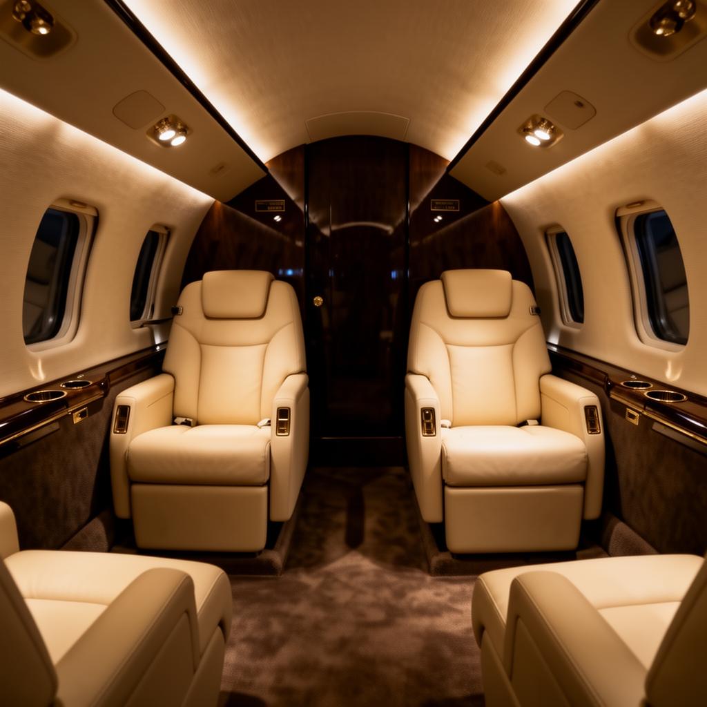 Intérieur d'un jet privé avec sièges en cuir crème