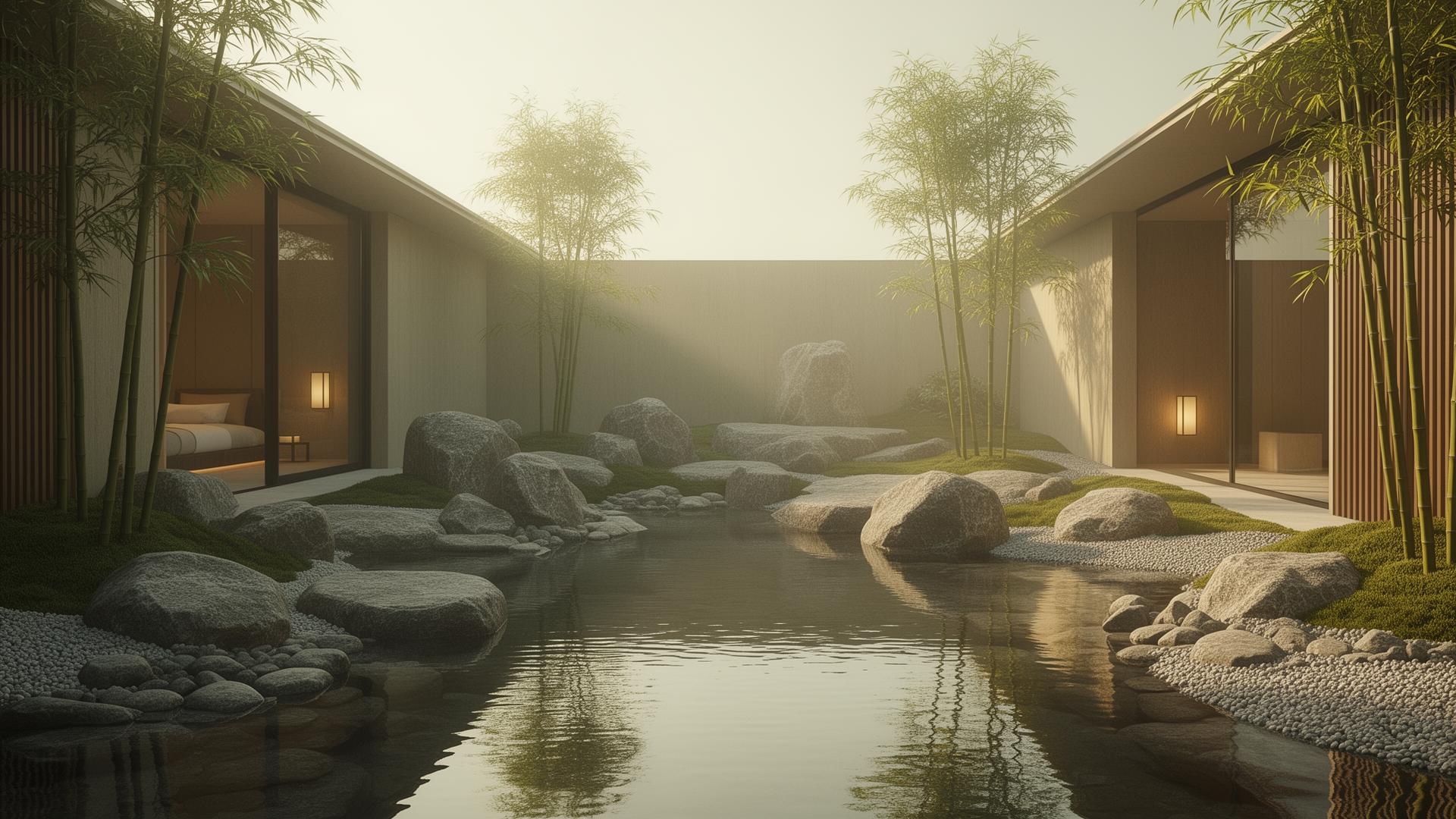 Jardin japonais minimaliste, lumière douce du matin